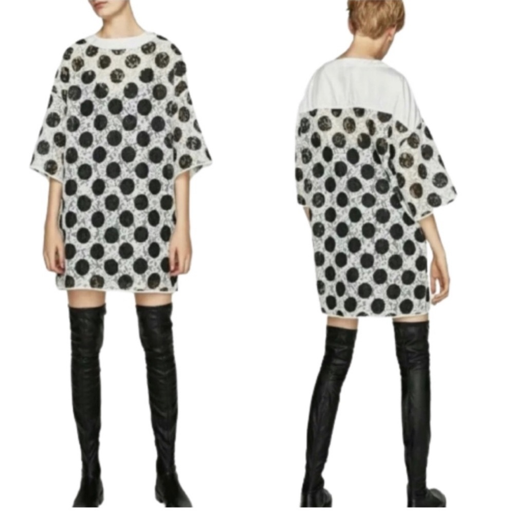 Zara Contrast Fabric Lace Polka Dot Mini Shift Dress NWT Size Small